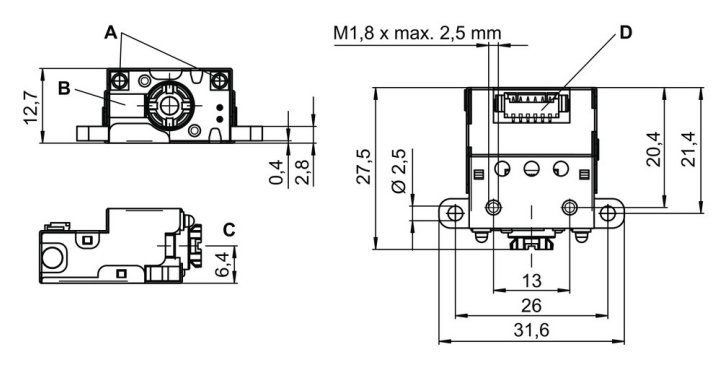 DCR50M2/R2 2D 条码阅读器的尺寸图