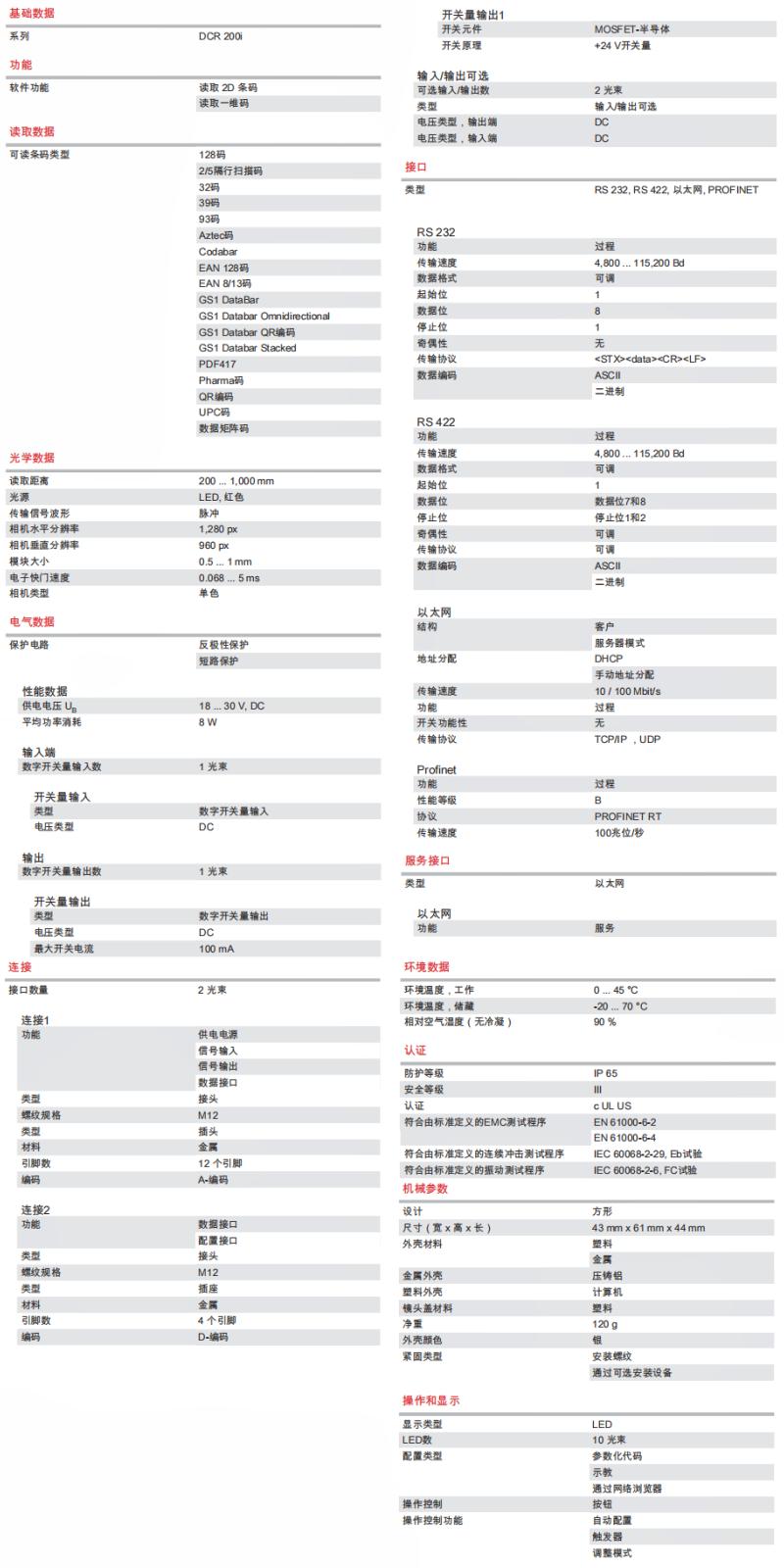 DCR 202i FIX-L2-102-R3 条码阅读器的技术参数明细表
