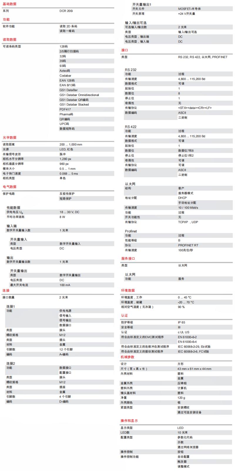 DCR 202i FIX-L2-102-R3 条码阅读器的技术参数明细表