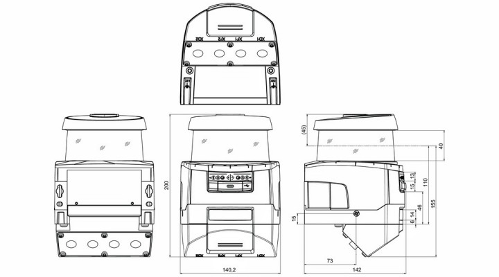 RSL450P-XL/CU400P-4M12 安全激光扫描仪的尺寸图