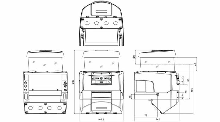 RSL450P-M/CU400P-4M12 安全激光扫描仪的产品尺寸图