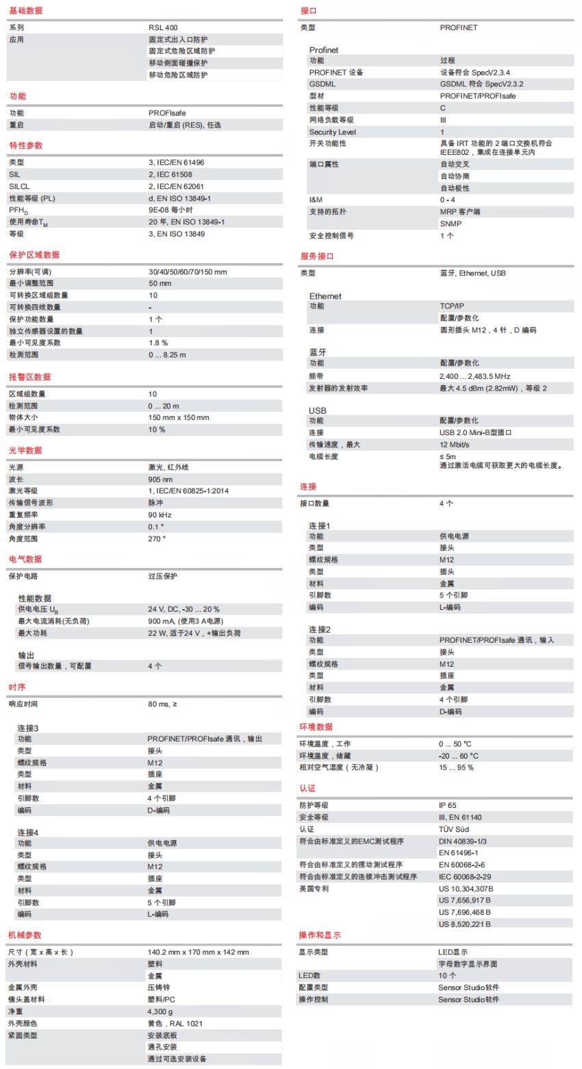 RSL420P-XL/CU400P-4M12 安全激光扫描仪的技术参数