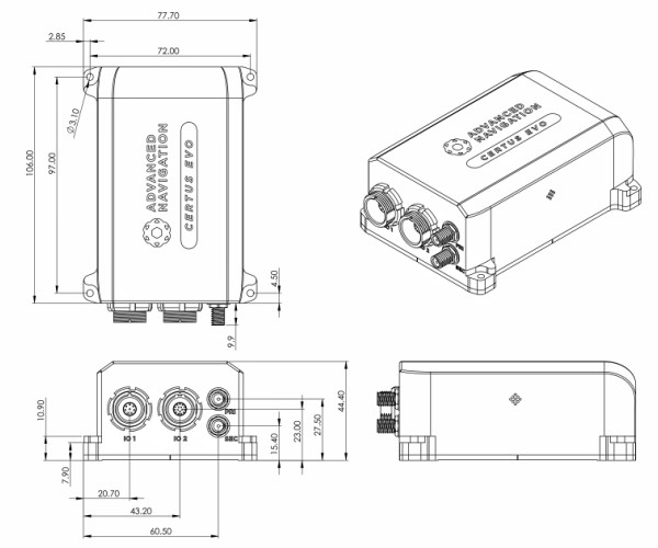 Certus Evo MEMS GNSS/INS 传感器的尺寸图