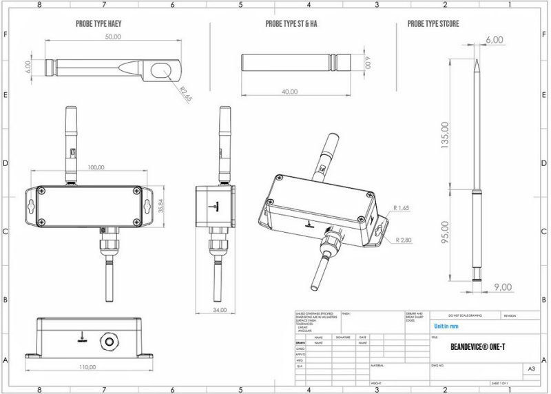 BeanDevice 2.4GHz ONE-T 传感器的尺寸图