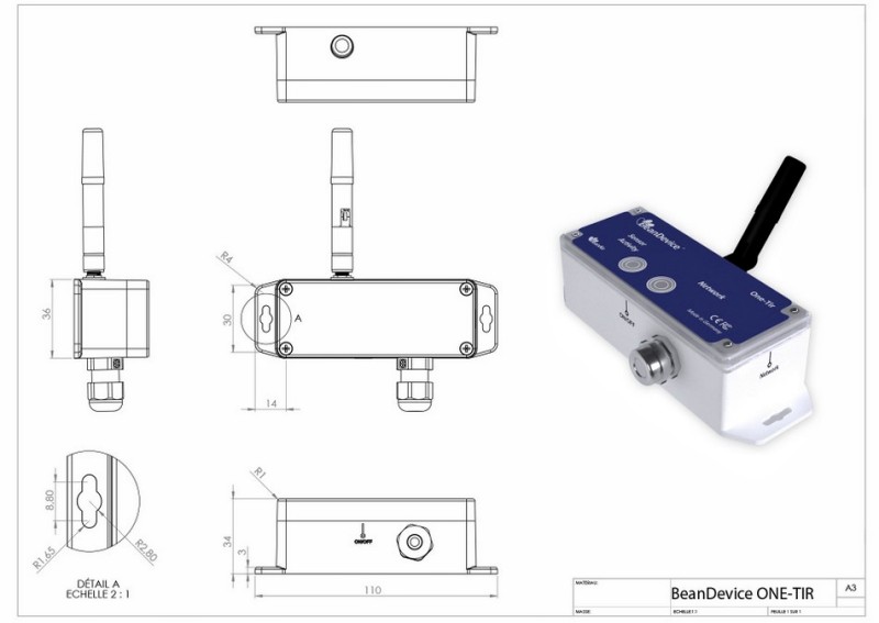 BeanDevice 2.4GHz ONE-TIR 传感器的尺寸图