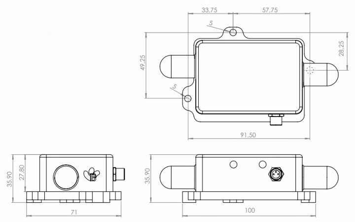 BeanDevice 2.4GHz HI-Inc Xrange 传感器的尺寸图