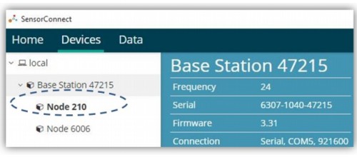 SensorConnect 软件在同一频率上发现的节点
